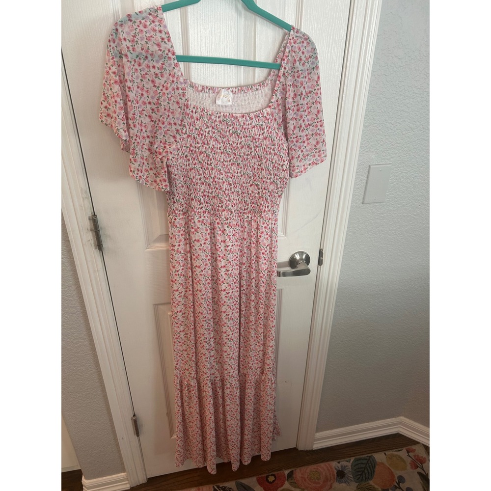 Sirenlily Maxi Dress Pink Floral Smocked Tiered Cottagecore Summer Boho Gown
